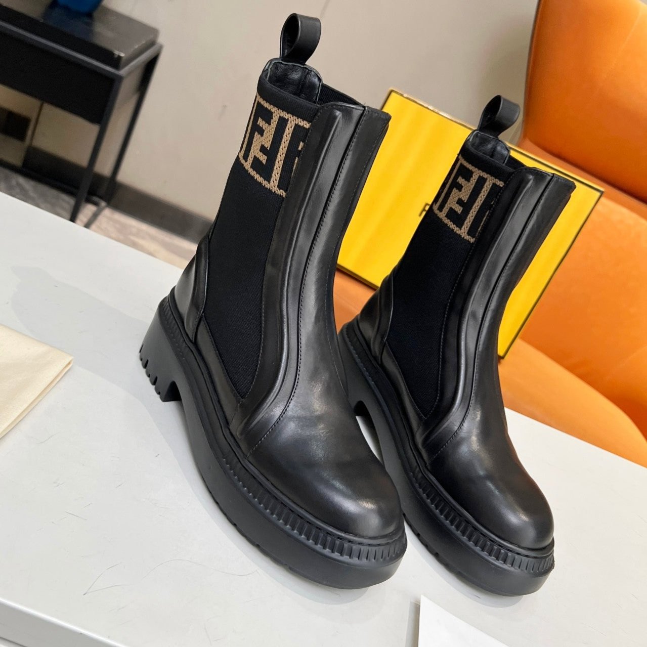 Luxury FendiLuxury FendiROCKOKO BIKER BOOTS IN BLACK CALFSKIN WITH STRETCH FABRIC