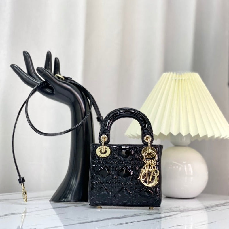 Luxury DiorMICRO LADY 12 BAG IN GLOSSY BLACK LAMBSKIN