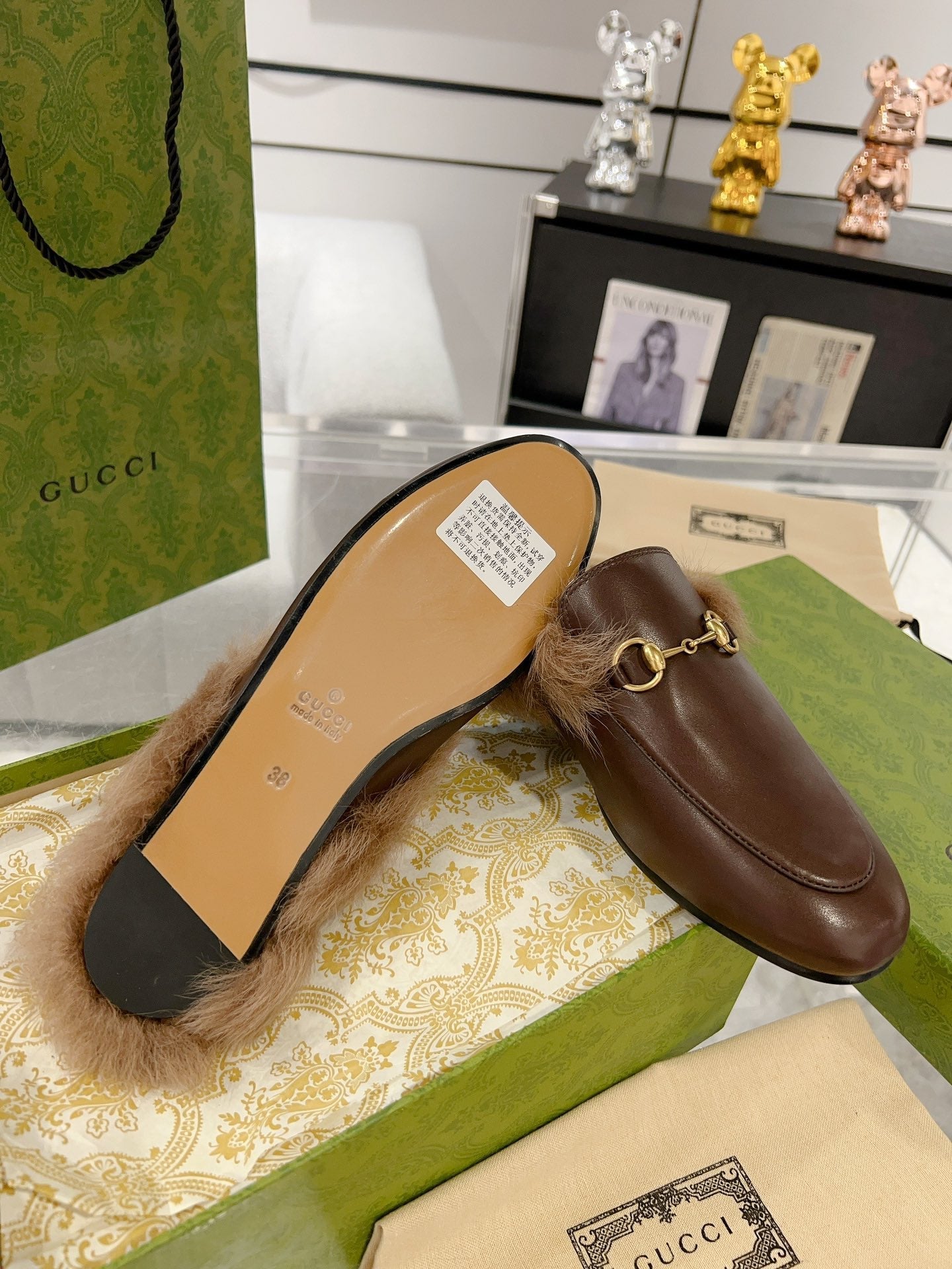 Luxury Gucci GG Princetown Slipper Brown Calfskin Tuscan Wool