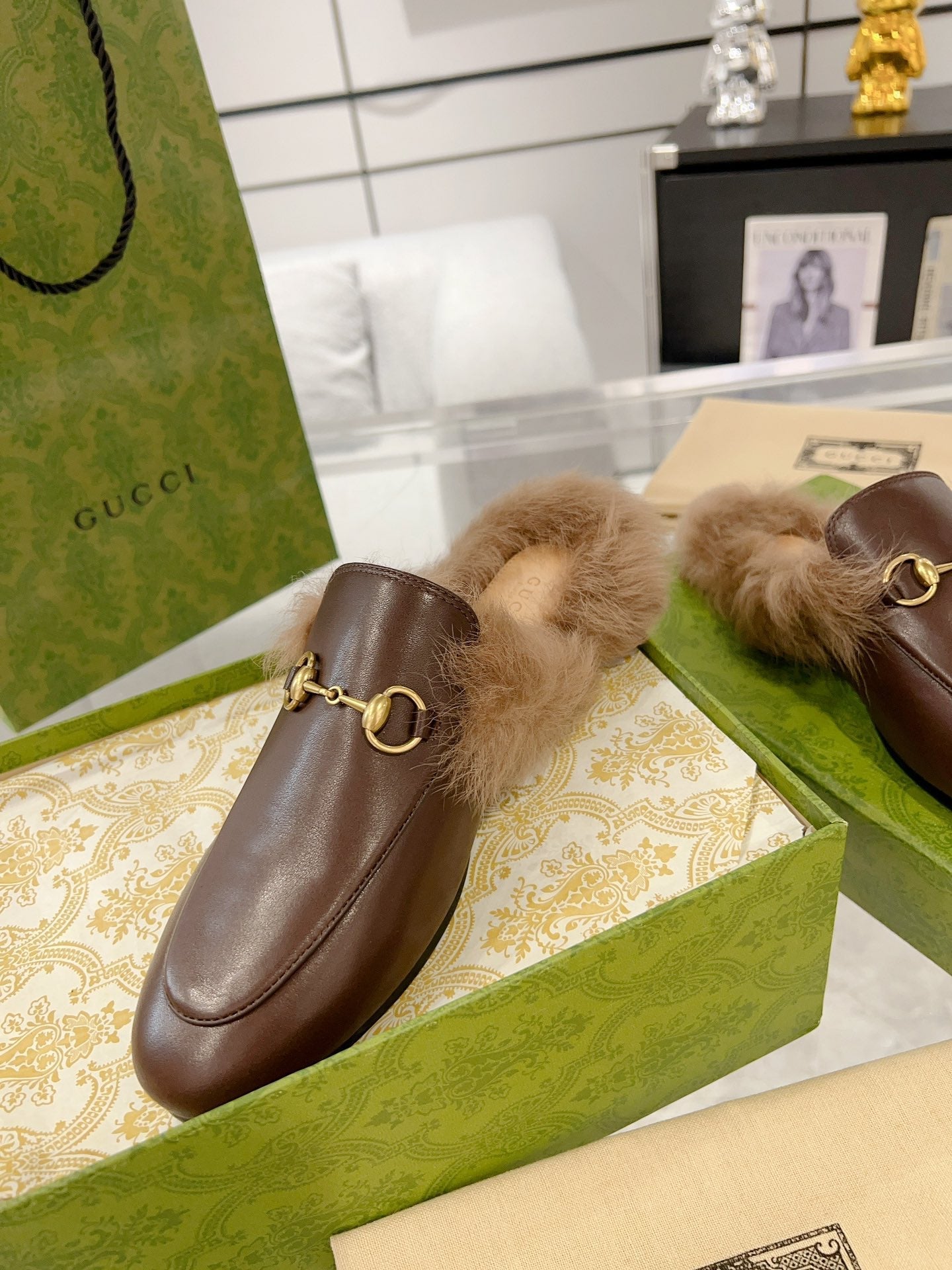 Luxury Gucci GG Princetown Slipper Brown Calfskin Tuscan Wool