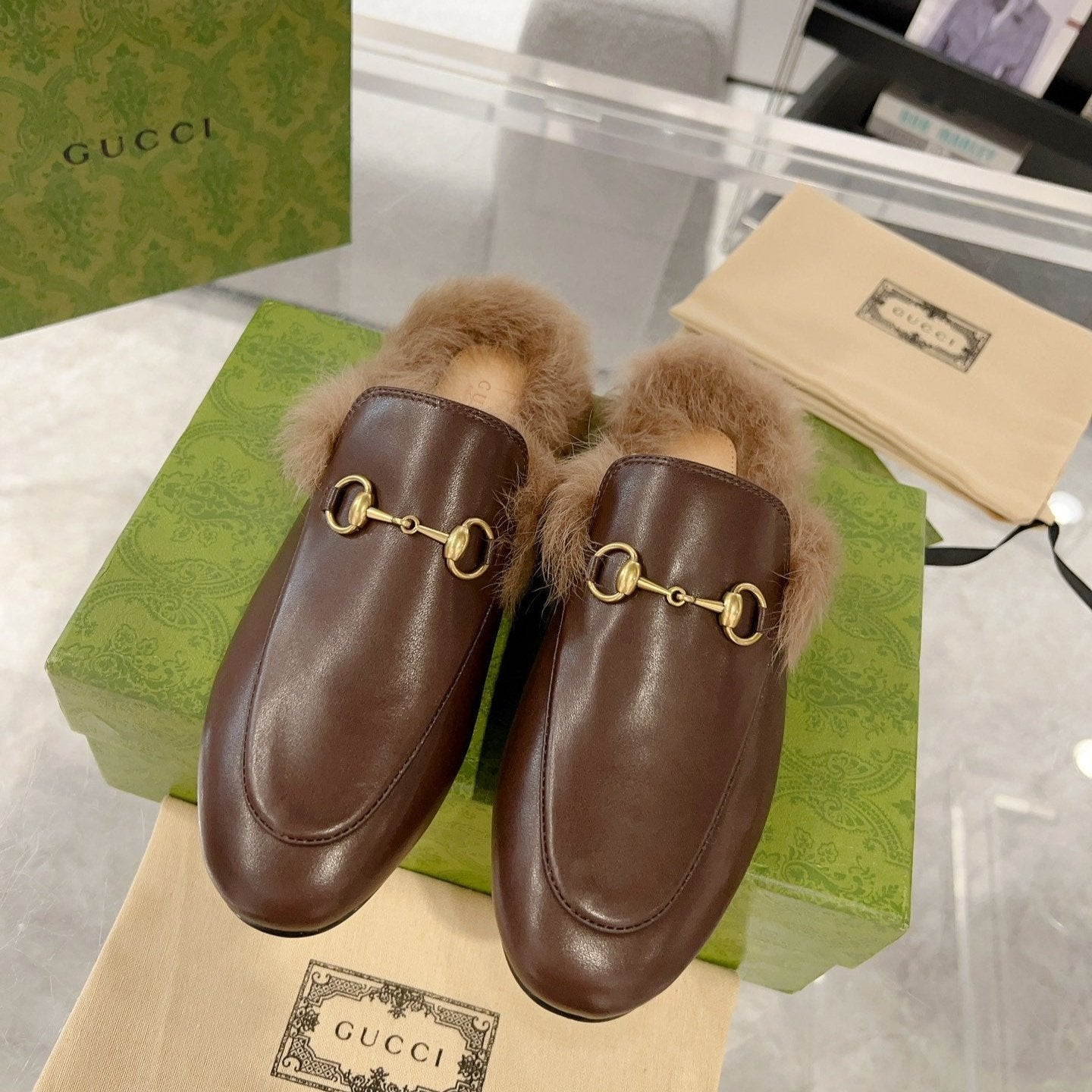 Luxury Gucci GG Princetown Slipper Brown Calfskin Tuscan Wool
