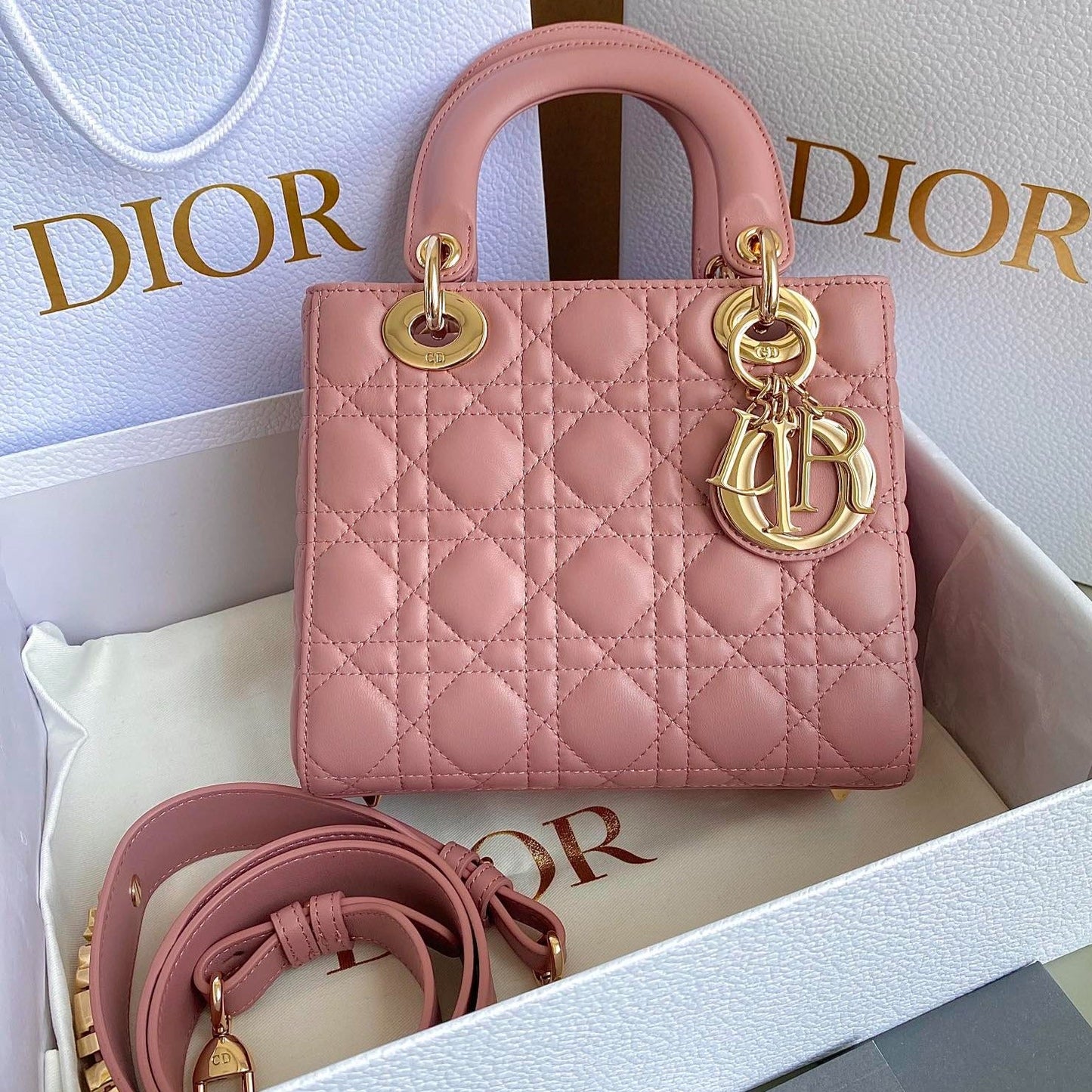 Luxury DiorSMALL LADY 20 POWDER PINK LAMBSKIN