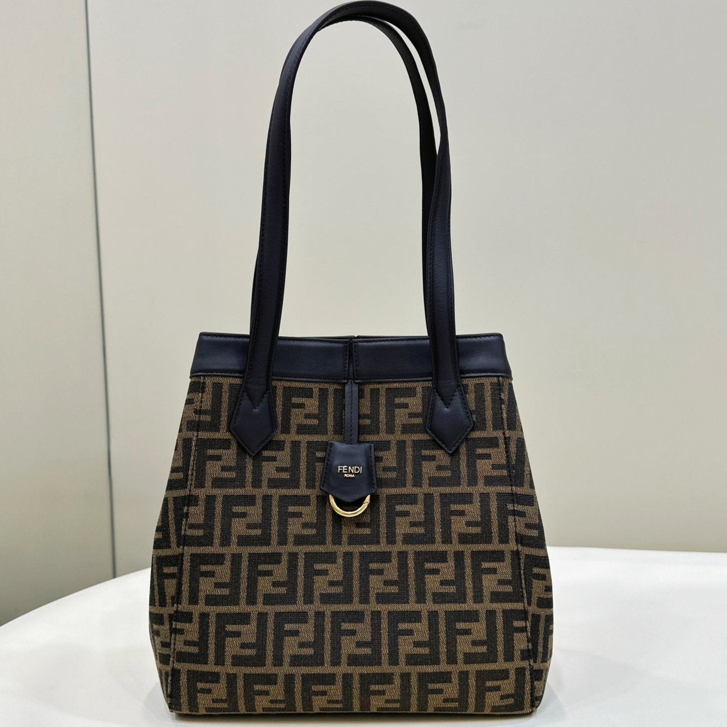 Luxury FendiLuxury FendiORIGAMI MEDIUM 27 BROWN MIX BLACK FF JACQUARD FABRIC BAG