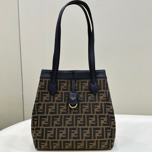 Luxury FendiLuxury FendiORIGAMI MEDIUM 27 BROWN MIX BLACK FF JACQUARD FABRIC BAG