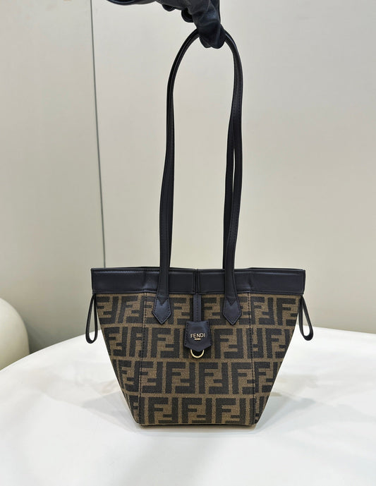Luxury FendiLuxury FendiORIGAMI MINI 19 BROWN MIX BLACK FF JACQUARD FABRIC BAG