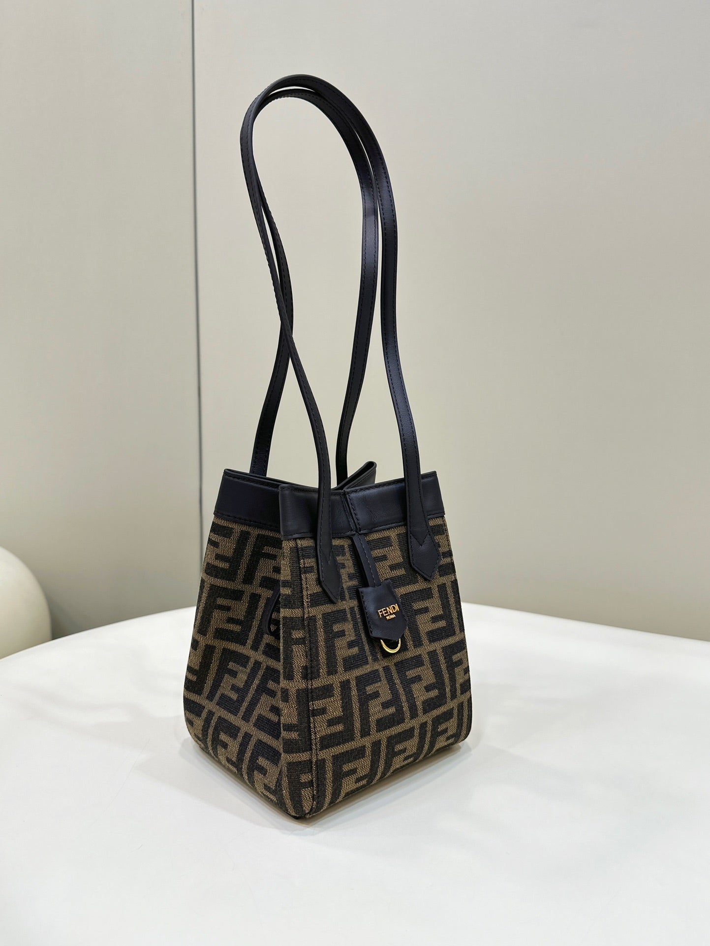 Luxury FendiLuxury FendiORIGAMI MINI 19 BROWN MIX BLACK FF JACQUARD FABRIC BAG