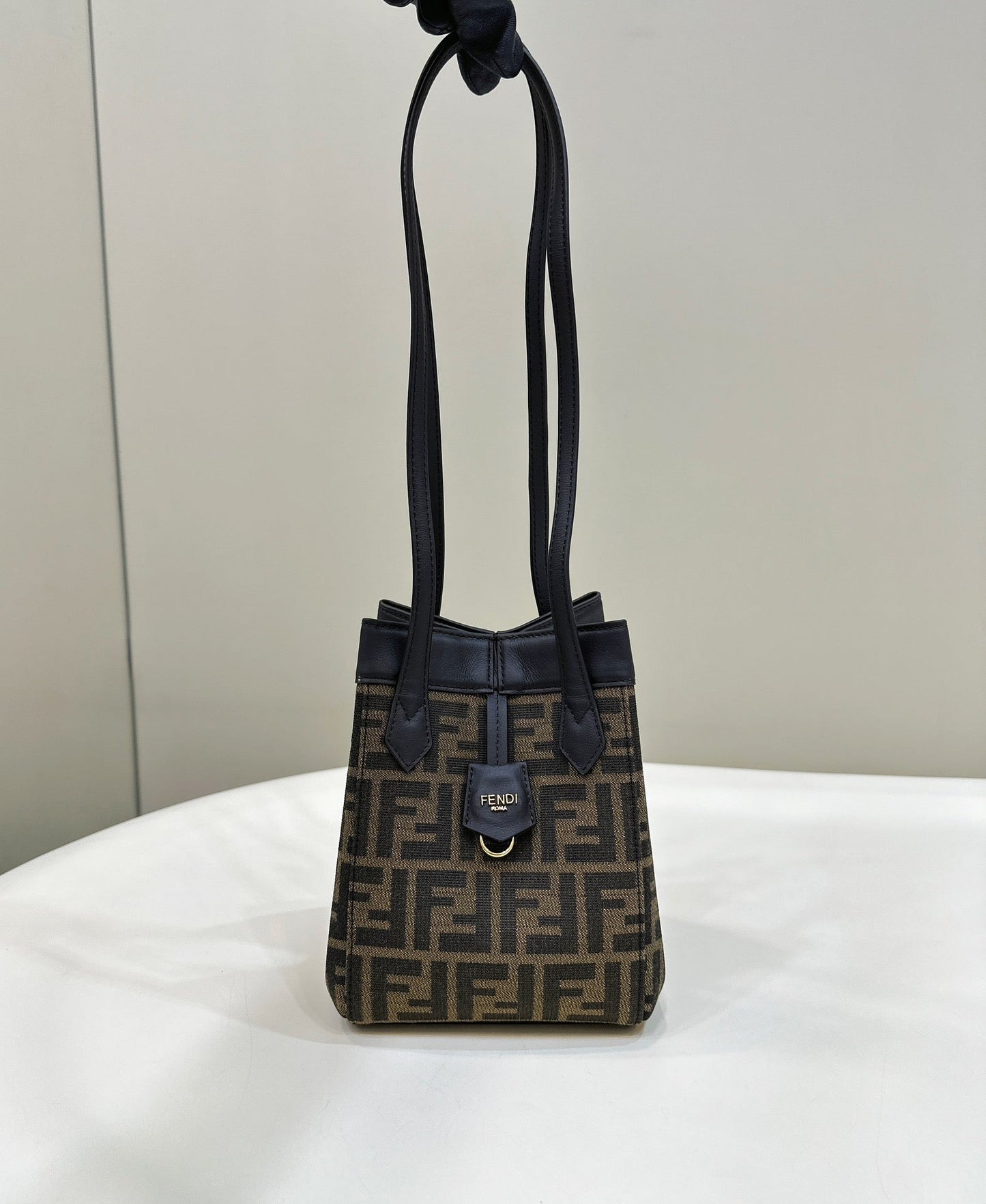 Luxury FendiLuxury FendiORIGAMI MINI 19 BROWN MIX BLACK FF JACQUARD FABRIC BAG