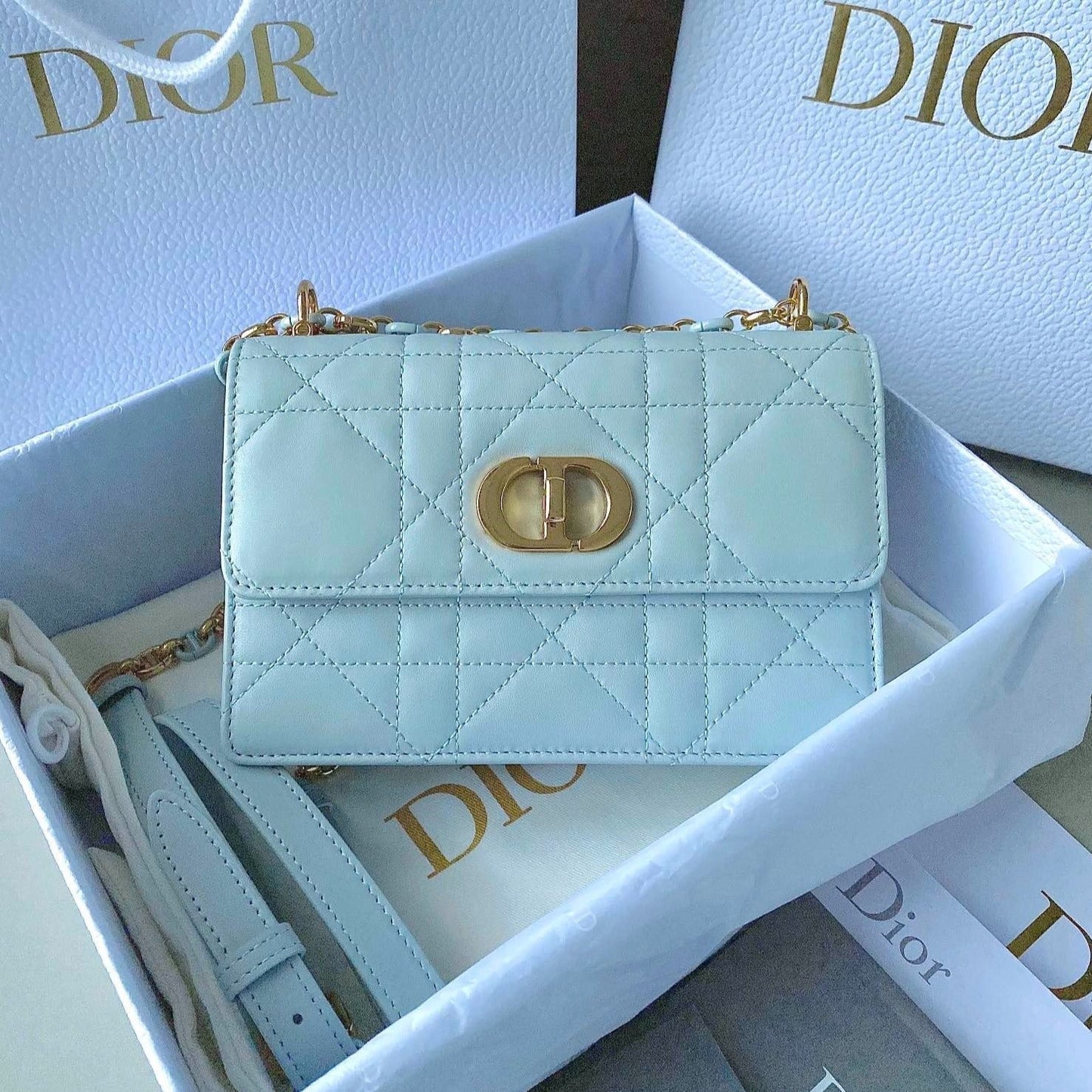Luxury DiorMISS CARO 17 CHAIN BAG IN LIGHT BLUE LAMBSKIN