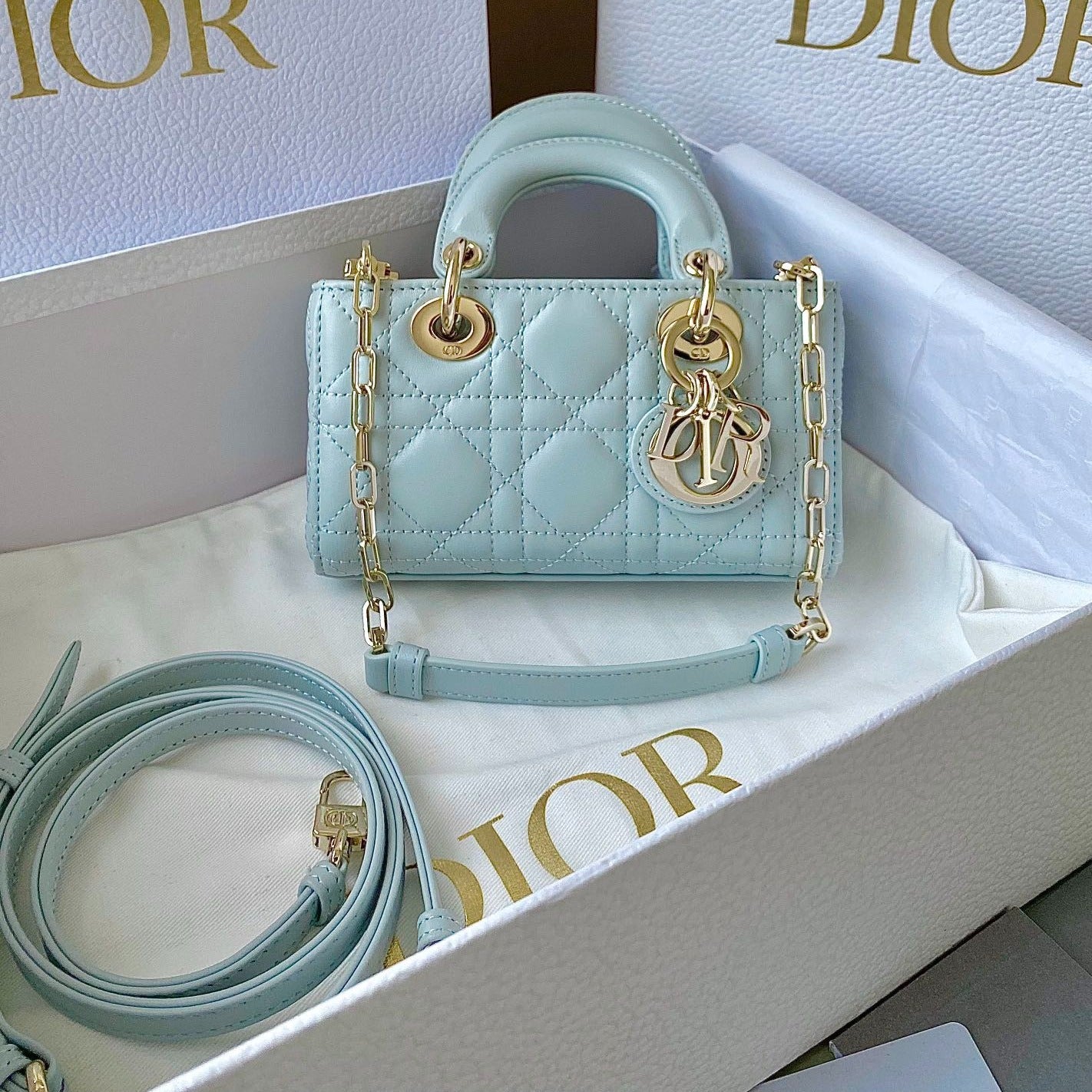Luxury DiorMINI D-JOY BAG 17 IN LIGHT BLUE LAMBSKIN