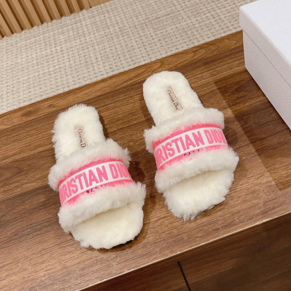 Luxury DiorDway Slide White Pink Fleece Lining And Canvas Fabric