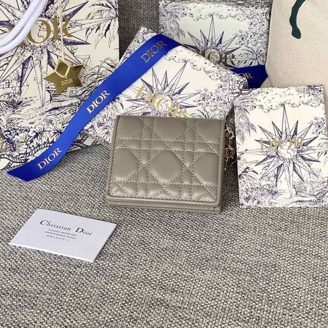 Luxury DiorCaro 11cm Compact Wallet Grey Calfskin