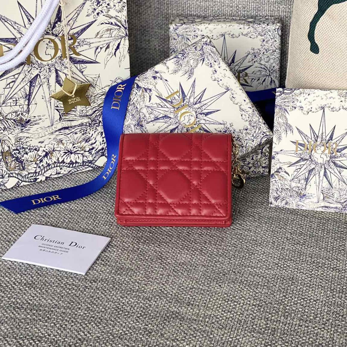 Luxury DiorCaro 11cm Compact Wallet Red Calfskin