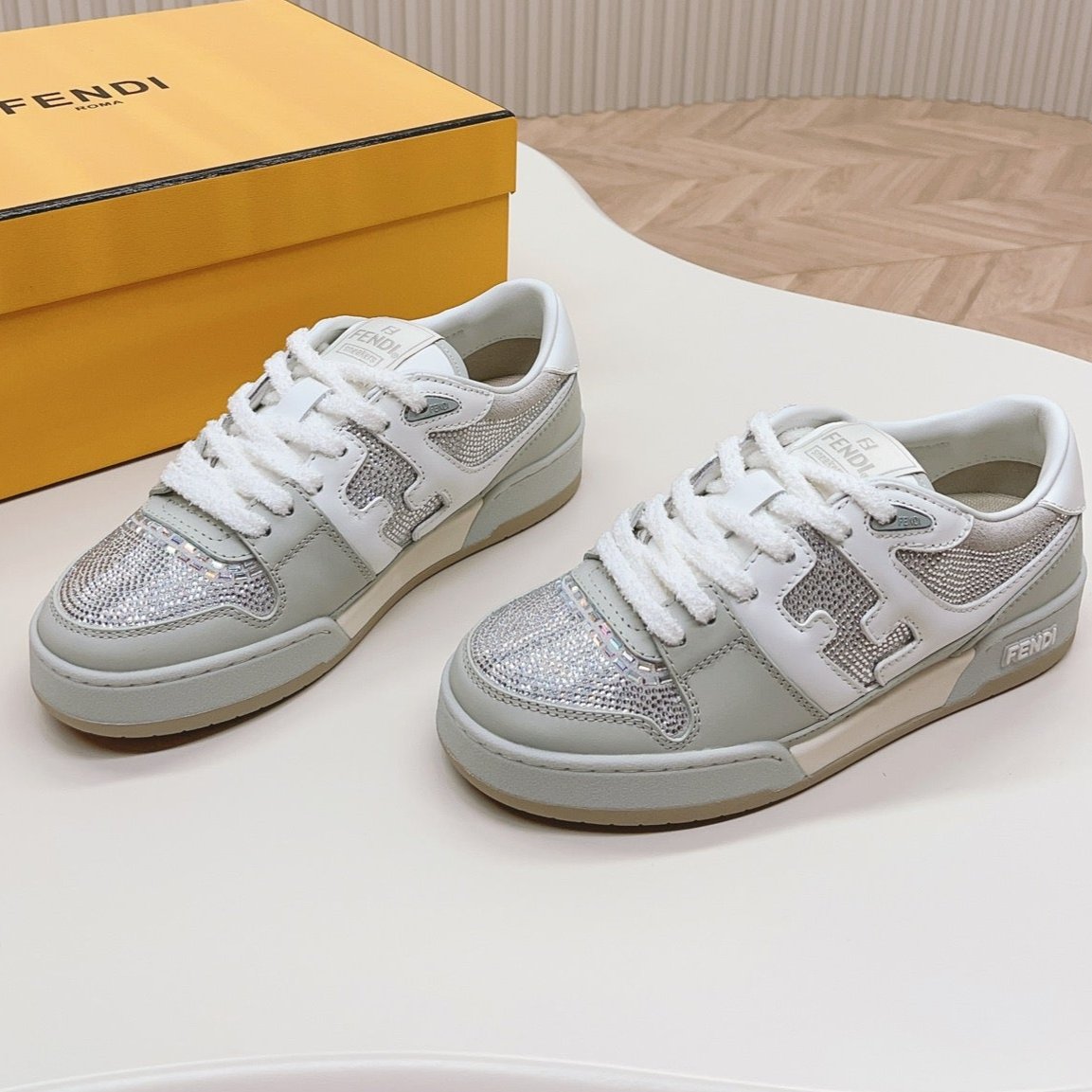 Luxury FendiLuxury FendiCASUAL SNEAKER IN GREY CALFSKIN ATTACH RHINSTONES