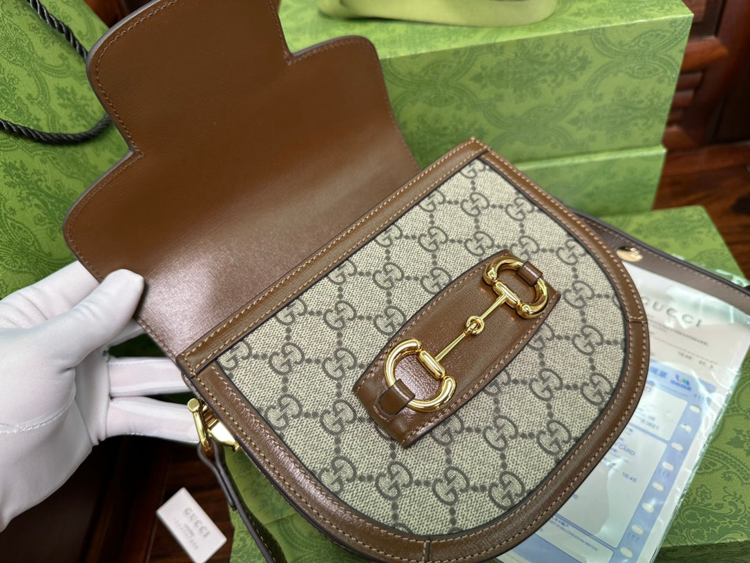 Luxury Gucci GG 18 HORSEBIT 1955 MINI BAG BEIGE CANVAS AND EBONY CALFSKIN
