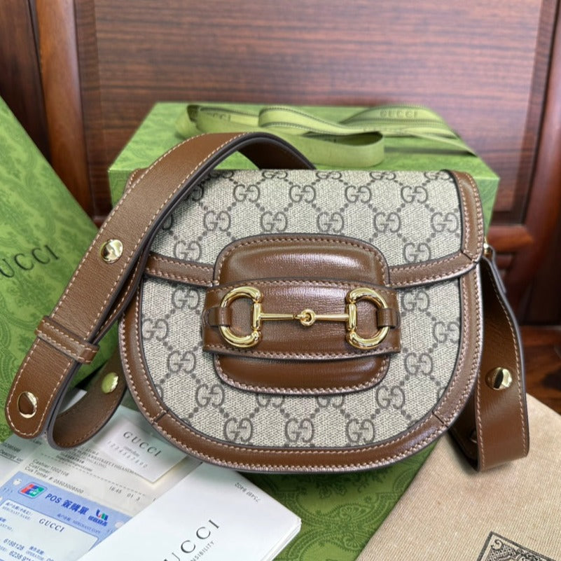 Luxury Gucci GG 18 HORSEBIT 1955 MINI BAG BEIGE CANVAS AND EBONY CALFSKIN