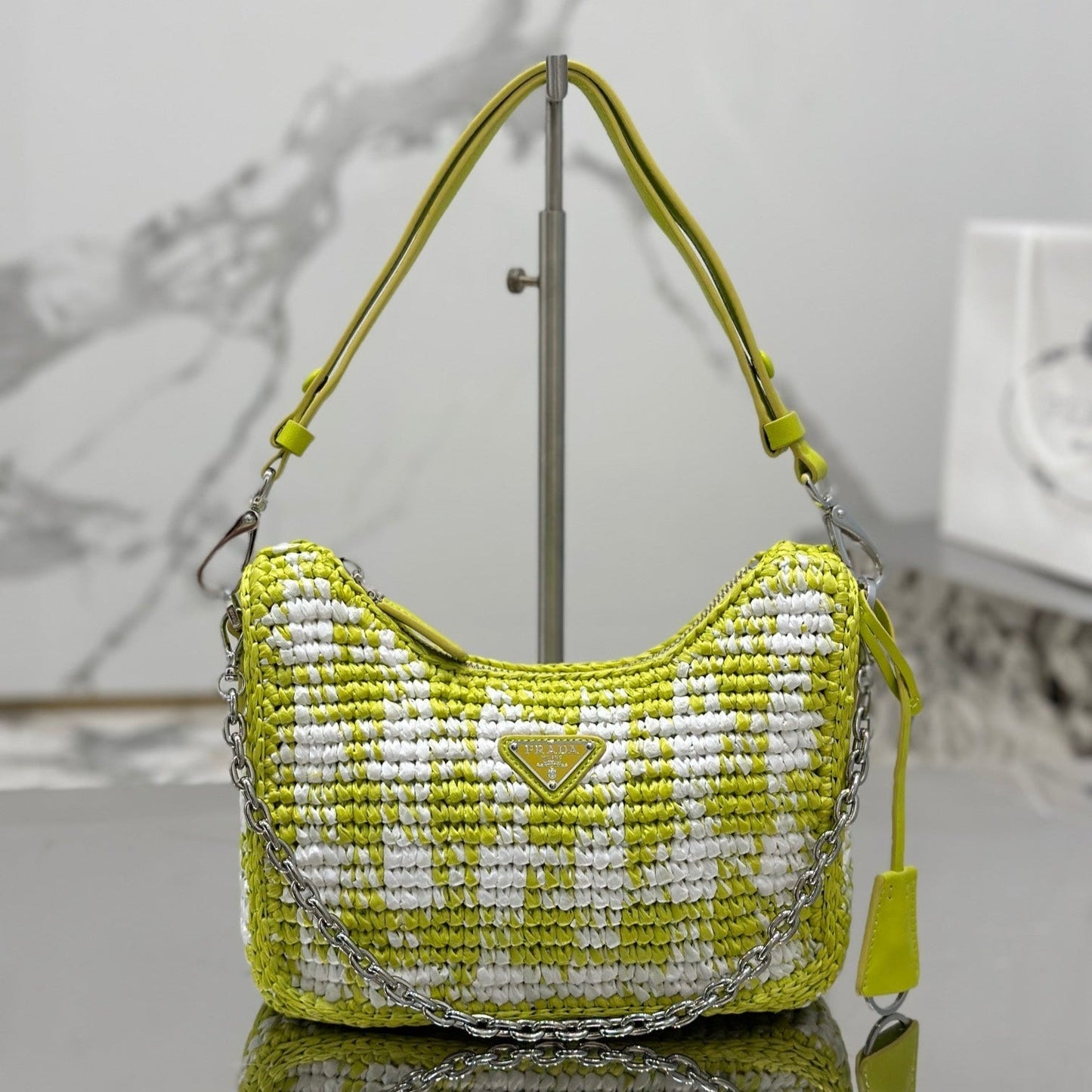 Luxury PradaCROCHET HOBO BAG 22 IN VOLT GREEN MIX WHITE RAFFIA SILVER HARDWARE