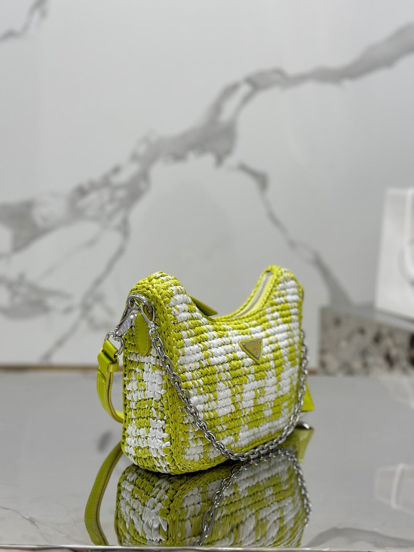 Luxury PradaCROCHET HOBO BAG 22 IN VOLT GREEN MIX WHITE RAFFIA SILVER HARDWARE