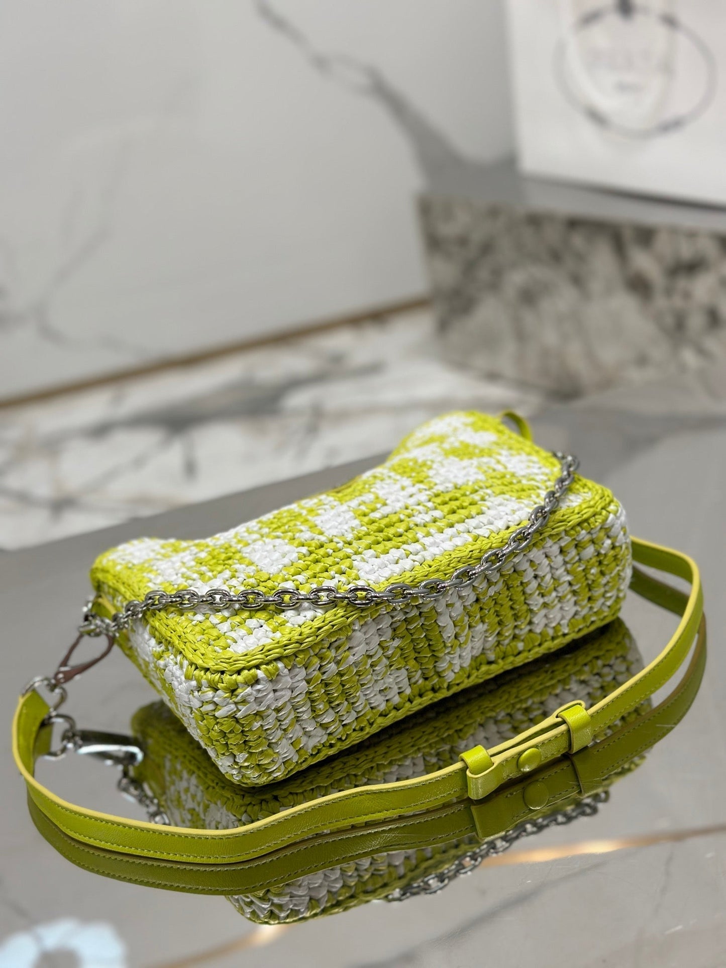 Luxury PradaCROCHET HOBO BAG 22 IN VOLT GREEN MIX WHITE RAFFIA SILVER HARDWARE