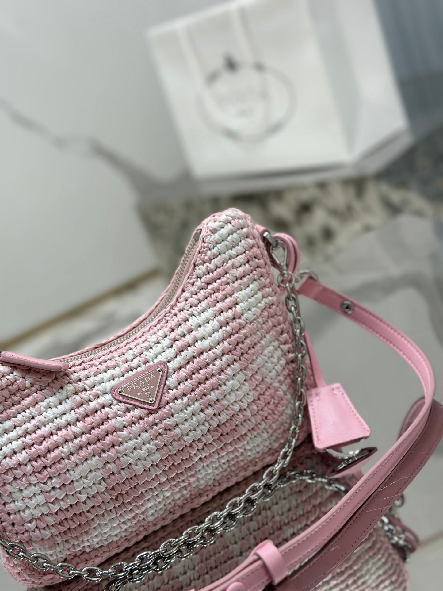 Luxury PradaCROCHET HOBO BAG 22 IN PINK MIX WHITE RAFFIA SILVER HARDWARE