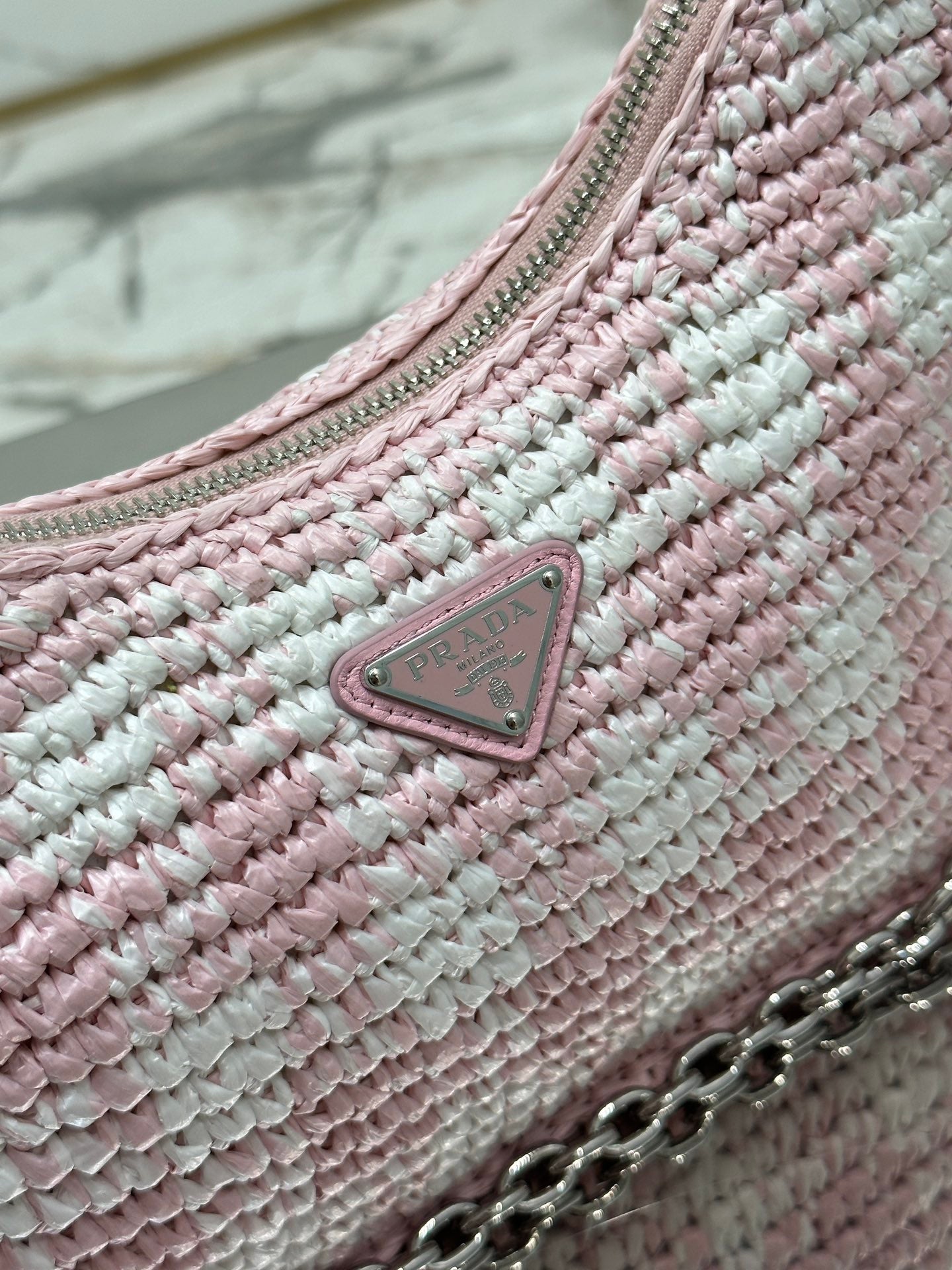 Luxury PradaCROCHET HOBO BAG 22 IN PINK MIX WHITE RAFFIA SILVER HARDWARE