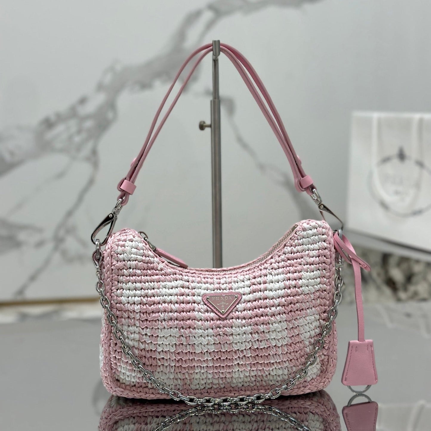 Luxury PradaCROCHET HOBO BAG 22 IN PINK MIX WHITE RAFFIA SILVER HARDWARE
