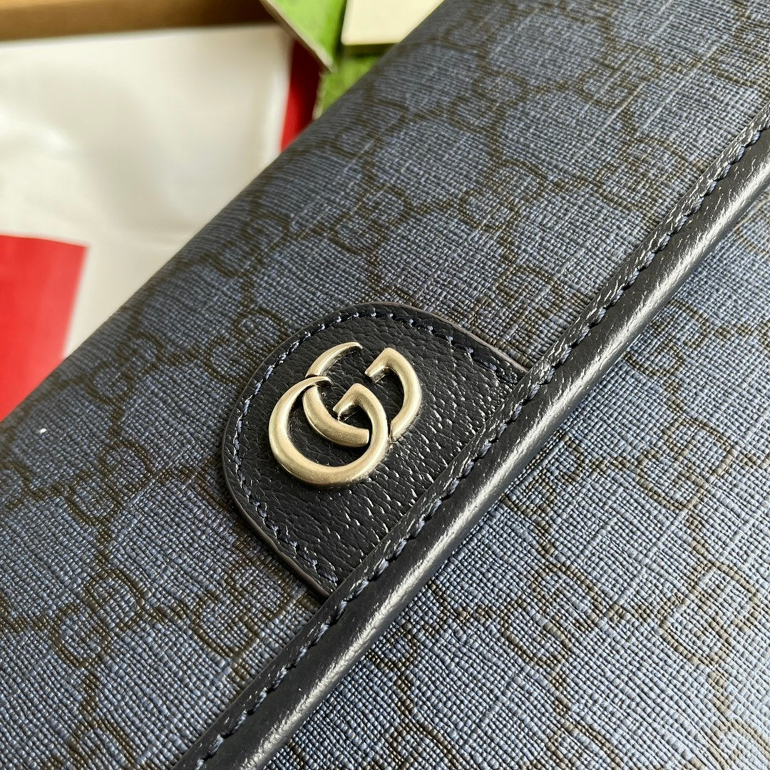 Luxury Gucci OPHIDIA SMALL BELT BAG 23 IN DARK BLUE MONOGRAM CANVAS AND BLACK LAMBSKIN TRIM