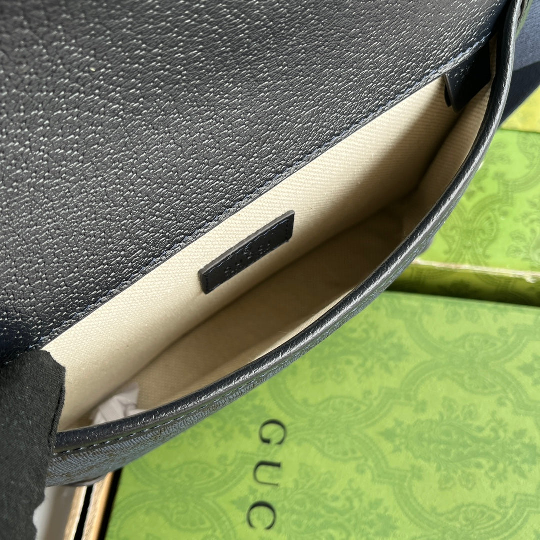 Luxury Gucci OPHIDIA SMALL BELT BAG 23 IN DARK BLUE MONOGRAM CANVAS AND BLACK LAMBSKIN TRIM