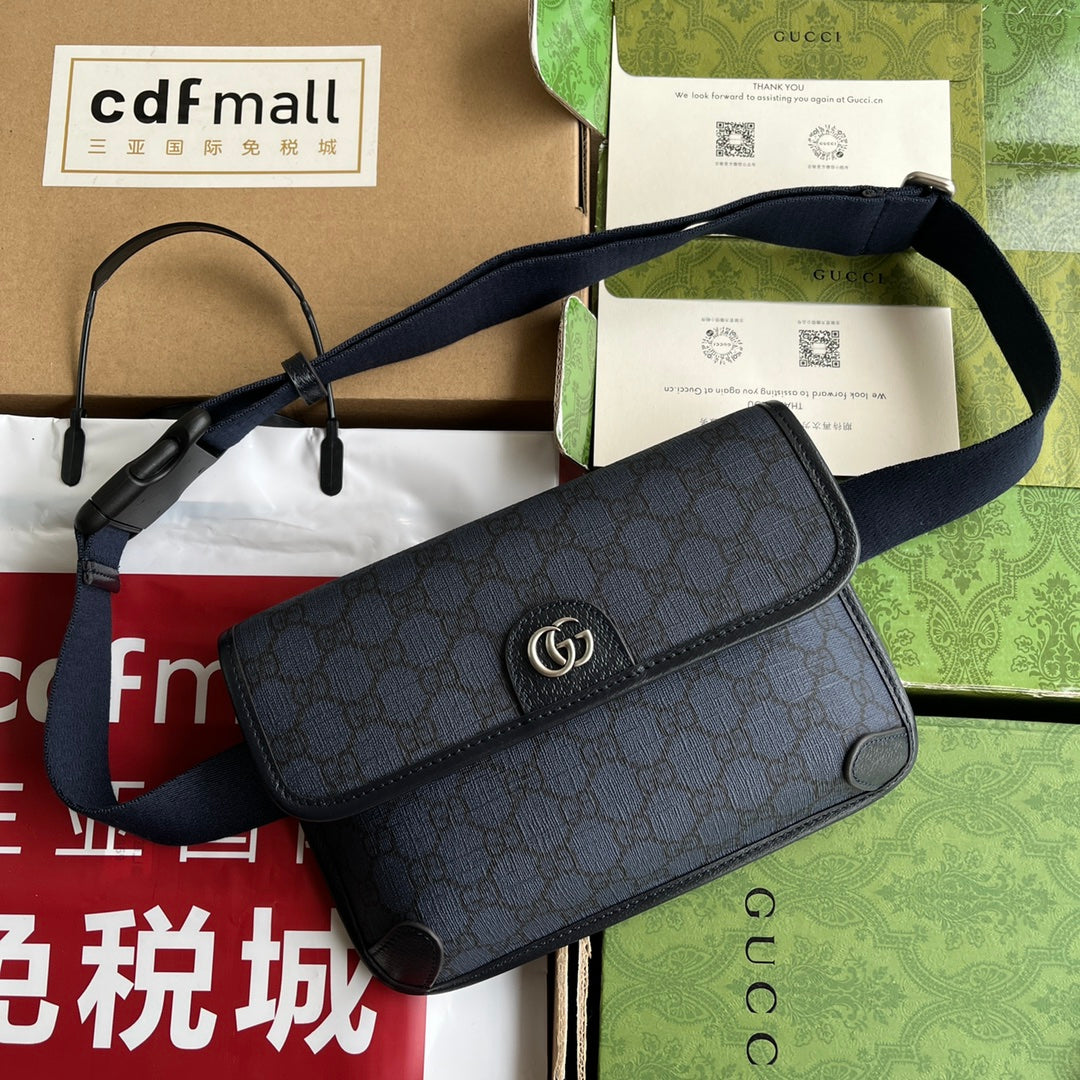 Luxury Gucci OPHIDIA SMALL BELT BAG 23 IN DARK BLUE MONOGRAM CANVAS AND BLACK LAMBSKIN TRIM