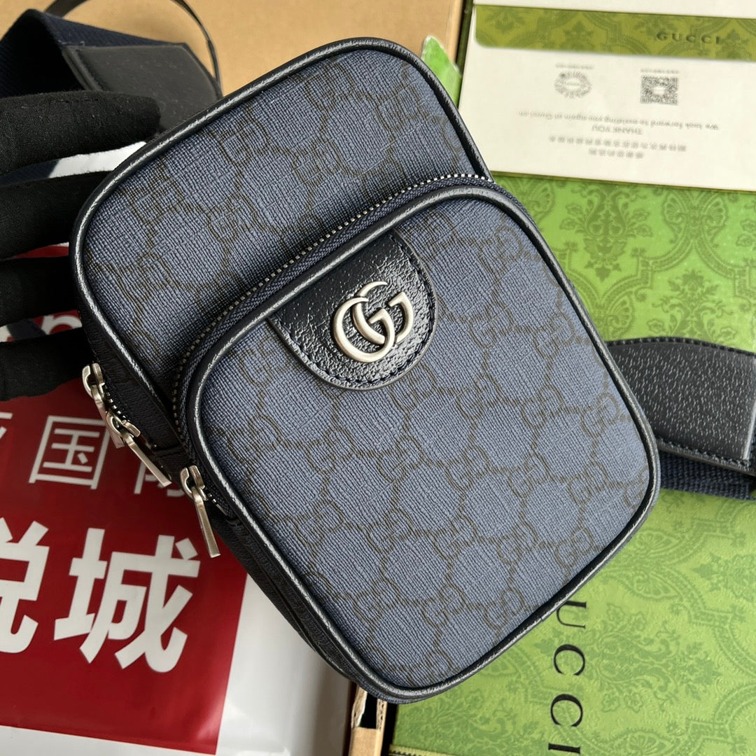 Luxury Gucci OPHIDIA MINI BAG 18 IN DARK BLUE MONOGRAM CANVAS AND BLACK LAMBSKIN TRIM