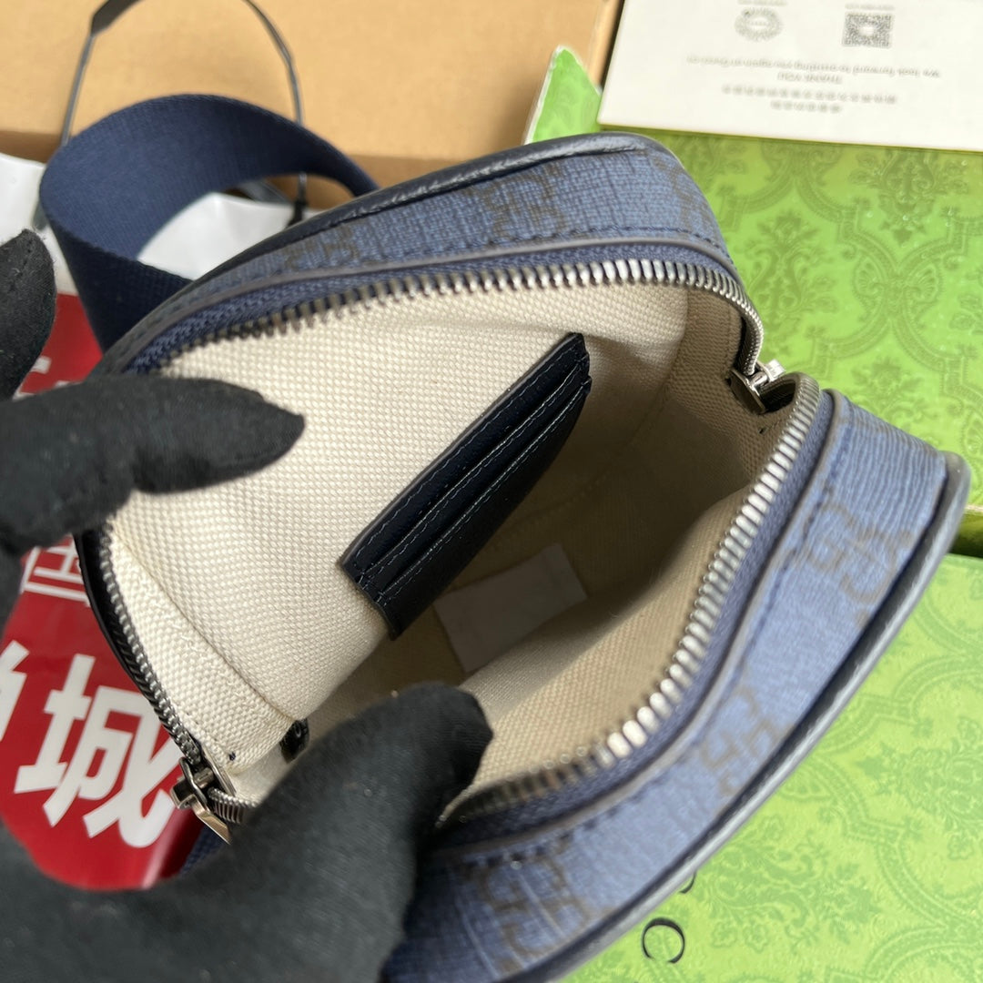 Luxury Gucci OPHIDIA MINI BAG 18 IN DARK BLUE MONOGRAM CANVAS AND BLACK LAMBSKIN TRIM