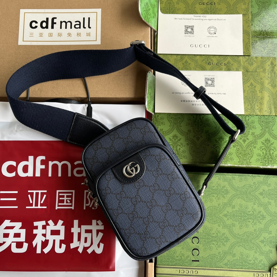 Luxury Gucci OPHIDIA MINI BAG 18 IN DARK BLUE MONOGRAM CANVAS AND BLACK LAMBSKIN TRIM