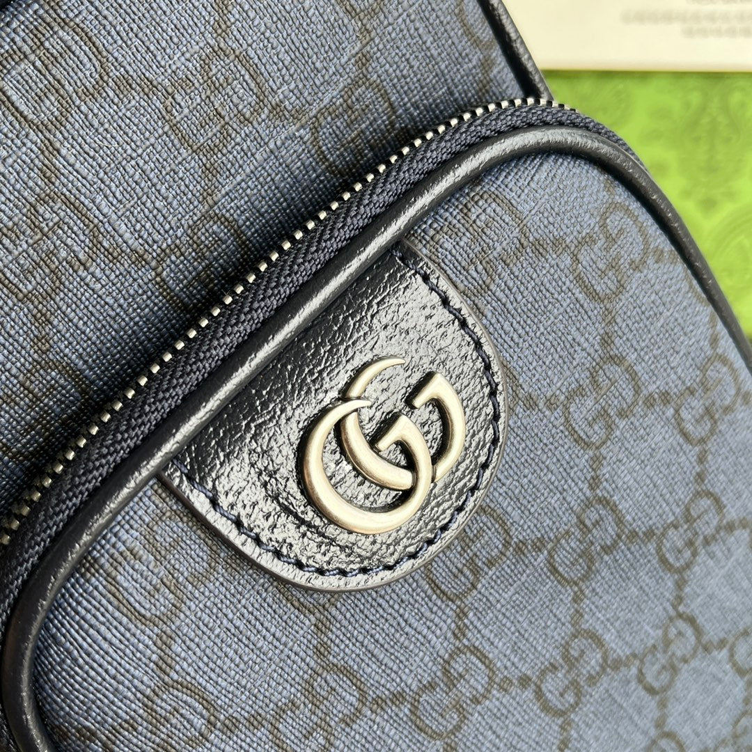 Luxury Gucci OPHIDIA MINI BAG 18 IN DARK BLUE MONOGRAM CANVAS AND BLACK LAMBSKIN TRIM