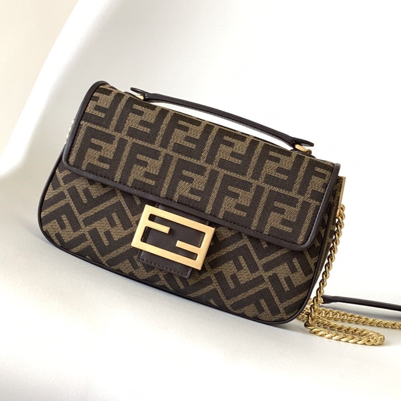 Luxury FendiFend Baguette 24 Brown FF Jacquard Fabric Bag Ghw