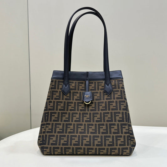 Luxury FendiLuxury FendiORIGAMI LARGE 33 BROWN MIX BLACK FF JACQUARD FABRIC BAG