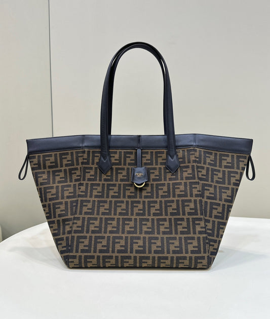 Luxury FendiLuxury FendiORIGAMI LARGE 33 BROWN MIX BLACK FF JACQUARD FABRIC BAG