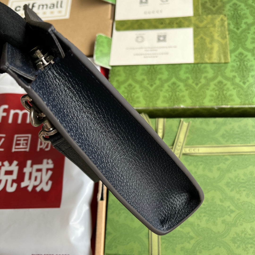 Luxury Gucci OPHIDIA POUCH 26 IN DARK BLUE MONOGRAM CANVAS AND BLACK LAMBSKIN TRIM