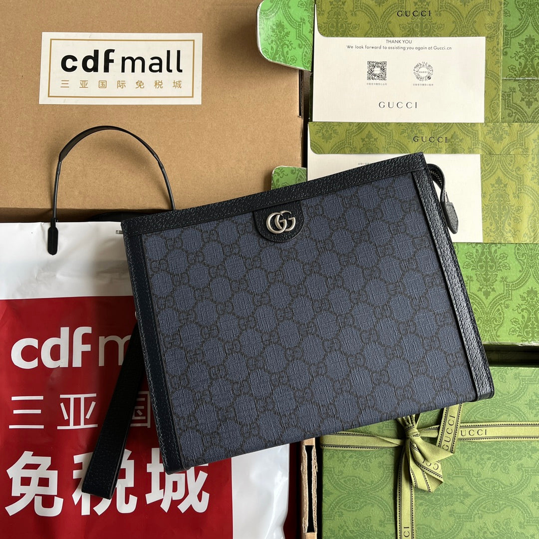 Luxury Gucci OPHIDIA POUCH 26 IN DARK BLUE MONOGRAM CANVAS AND BLACK LAMBSKIN TRIM