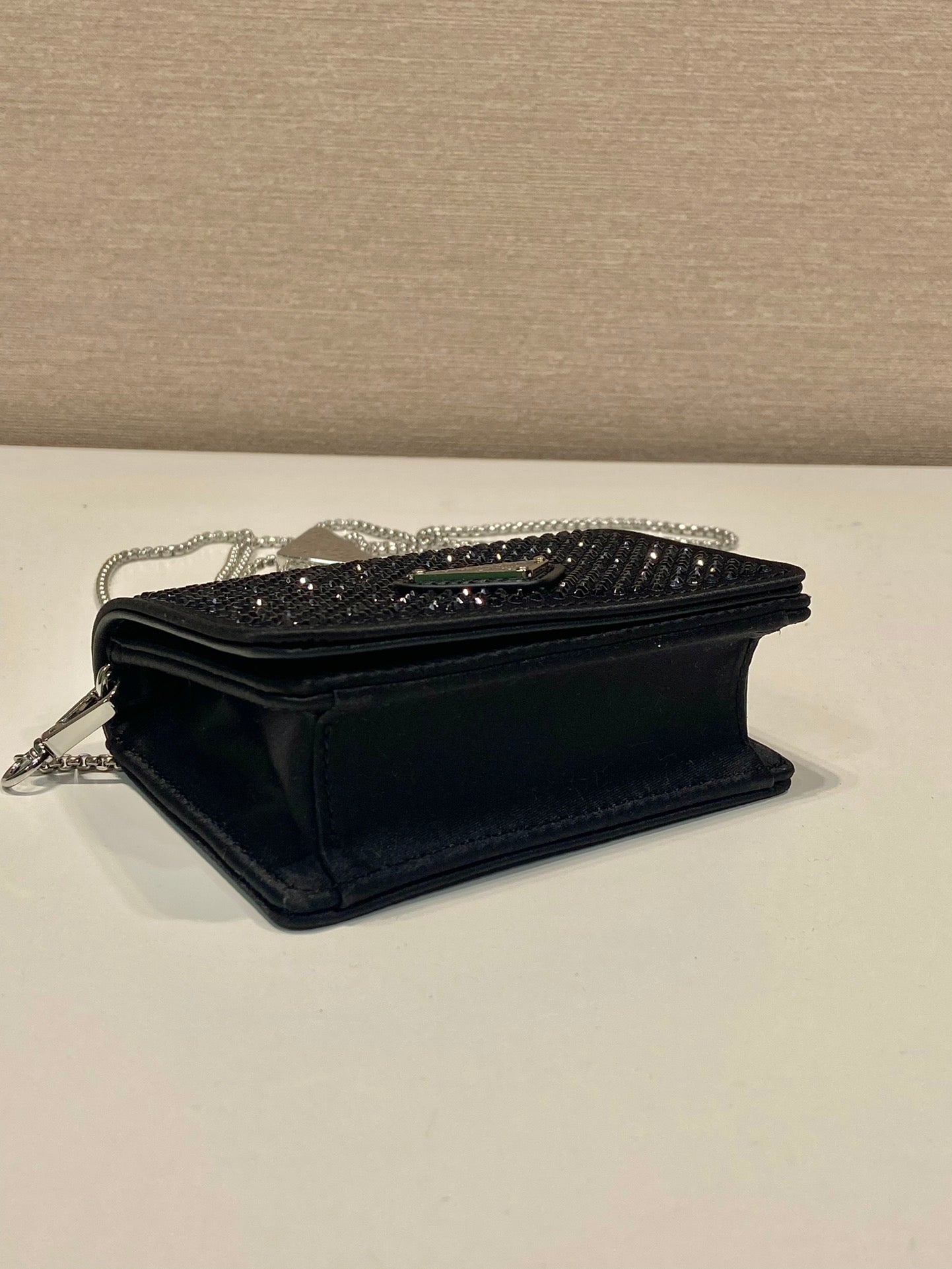 Luxury PradaMINI FLAP BAG 11 IN BLACK DUCHESSE FABRIC ATTACHED FULL CRYSTALS SILVER CHAIN
