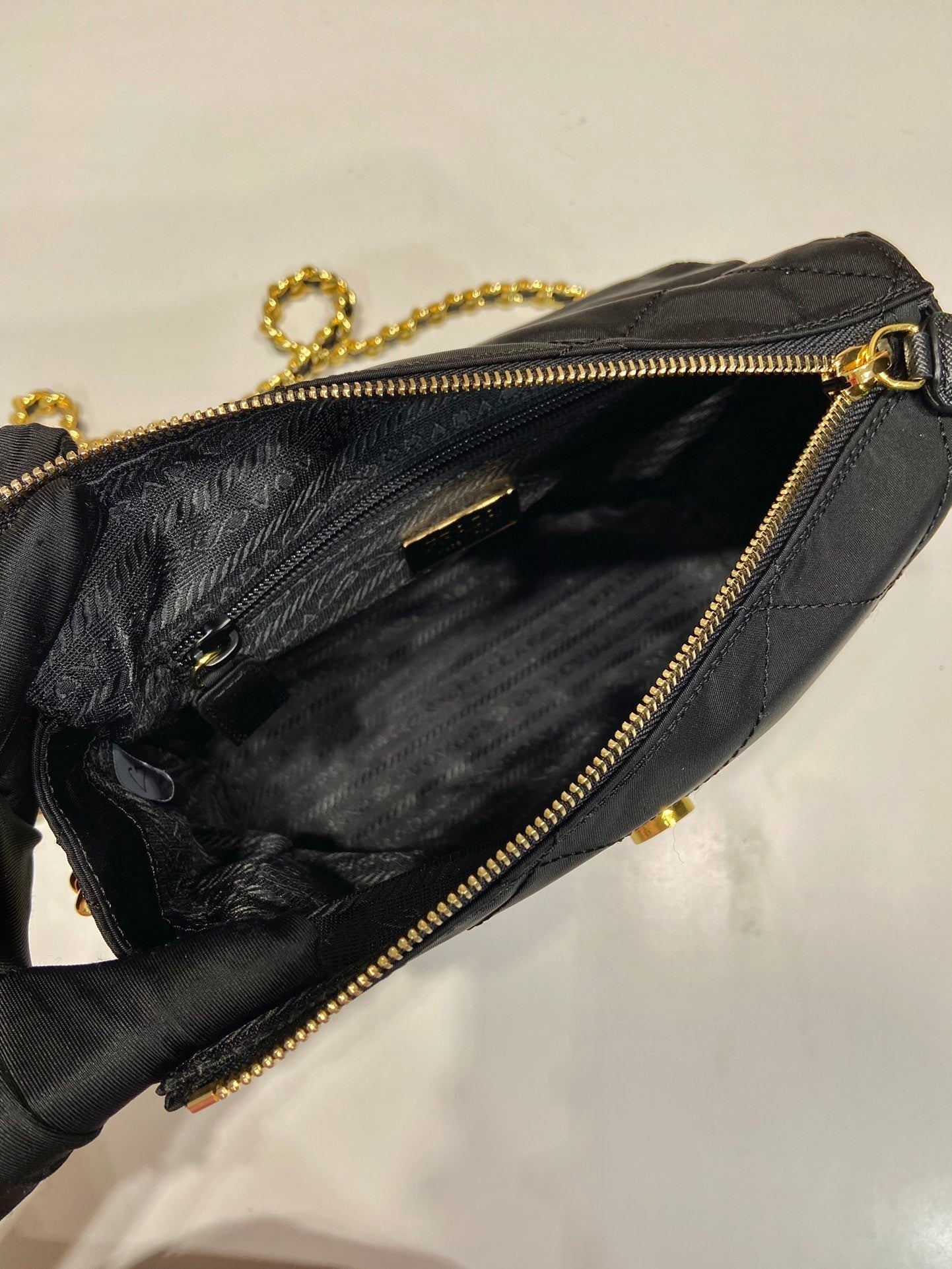 Luxury PradaLARGE QUILTED FLAP BAG 23 IN BLACK RE-NYLON FABRIC GOLD CHAIN