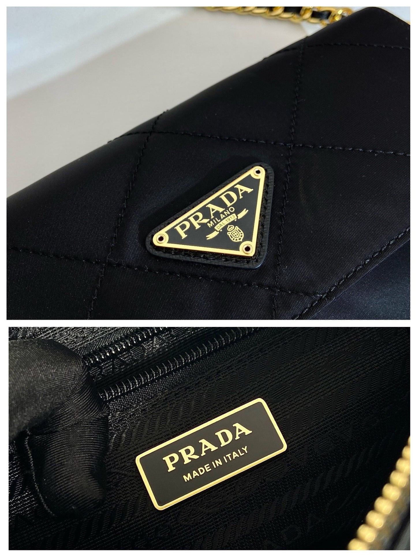 Luxury PradaLARGE QUILTED FLAP BAG 23 IN BLACK RE-NYLON FABRIC GOLD CHAIN