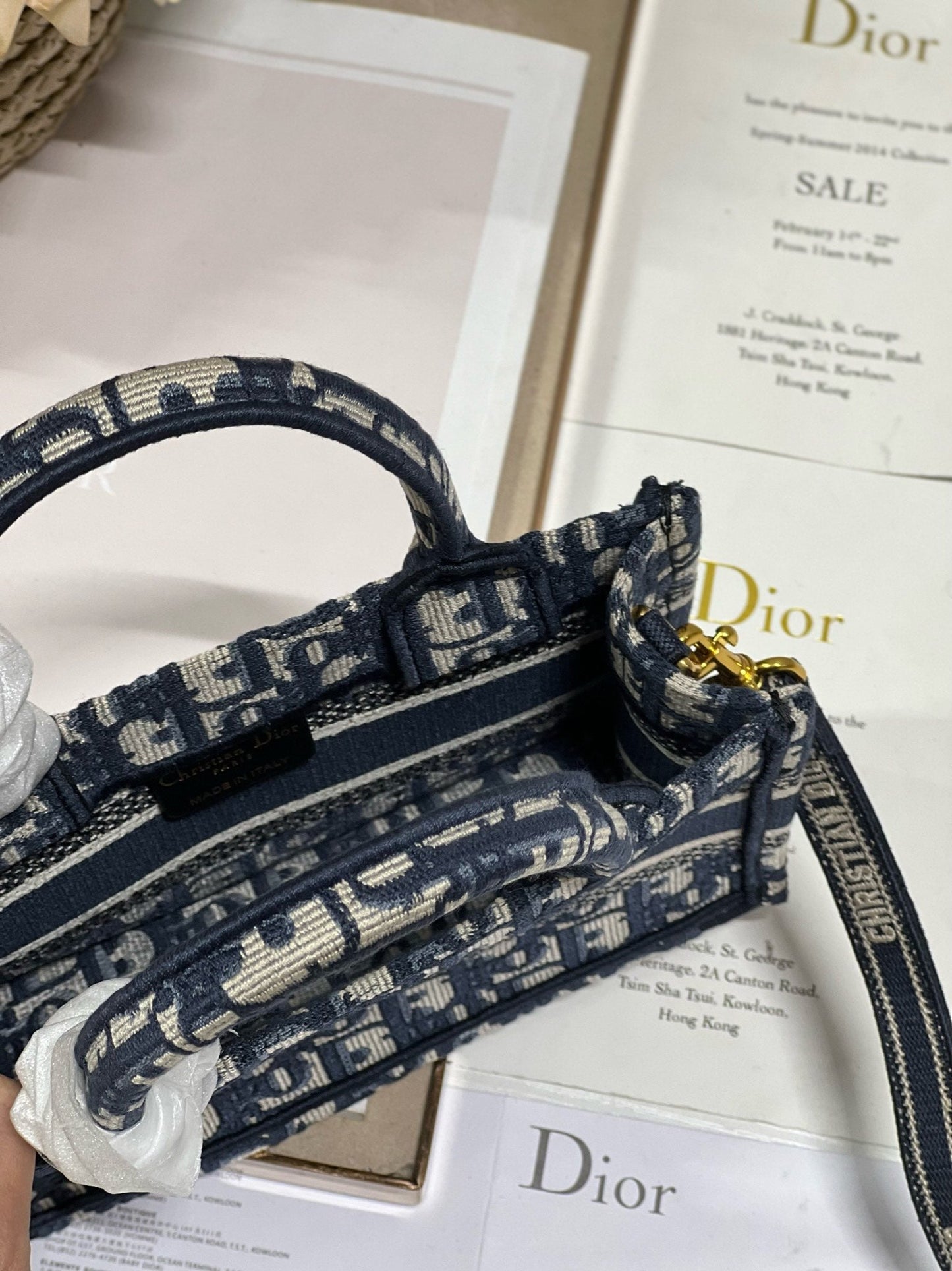 Luxury Diormini book tote 21.5 beige blue oblique embroidery calfskin