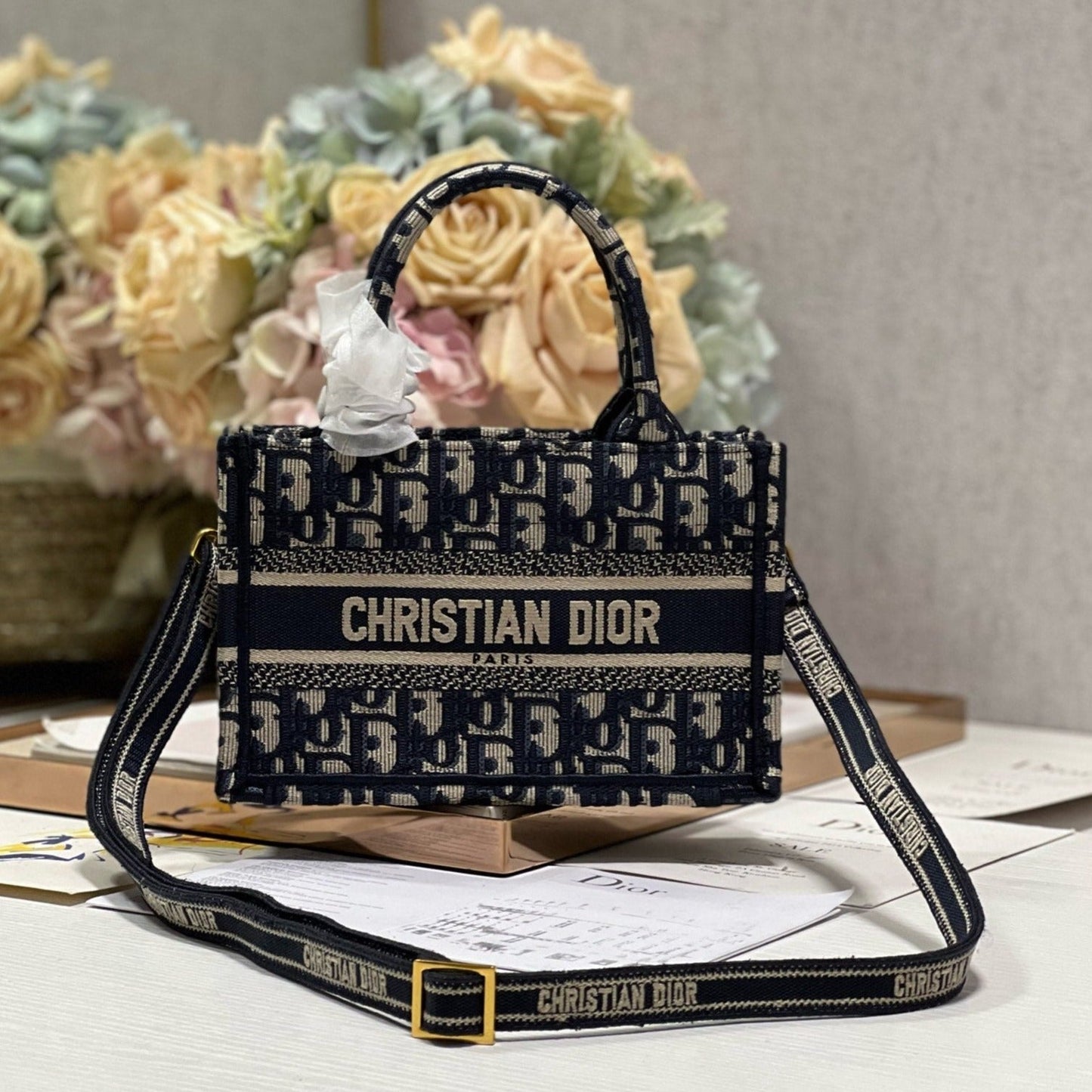 Luxury Diormini book tote 21.5 beige blue oblique embroidery calfskin