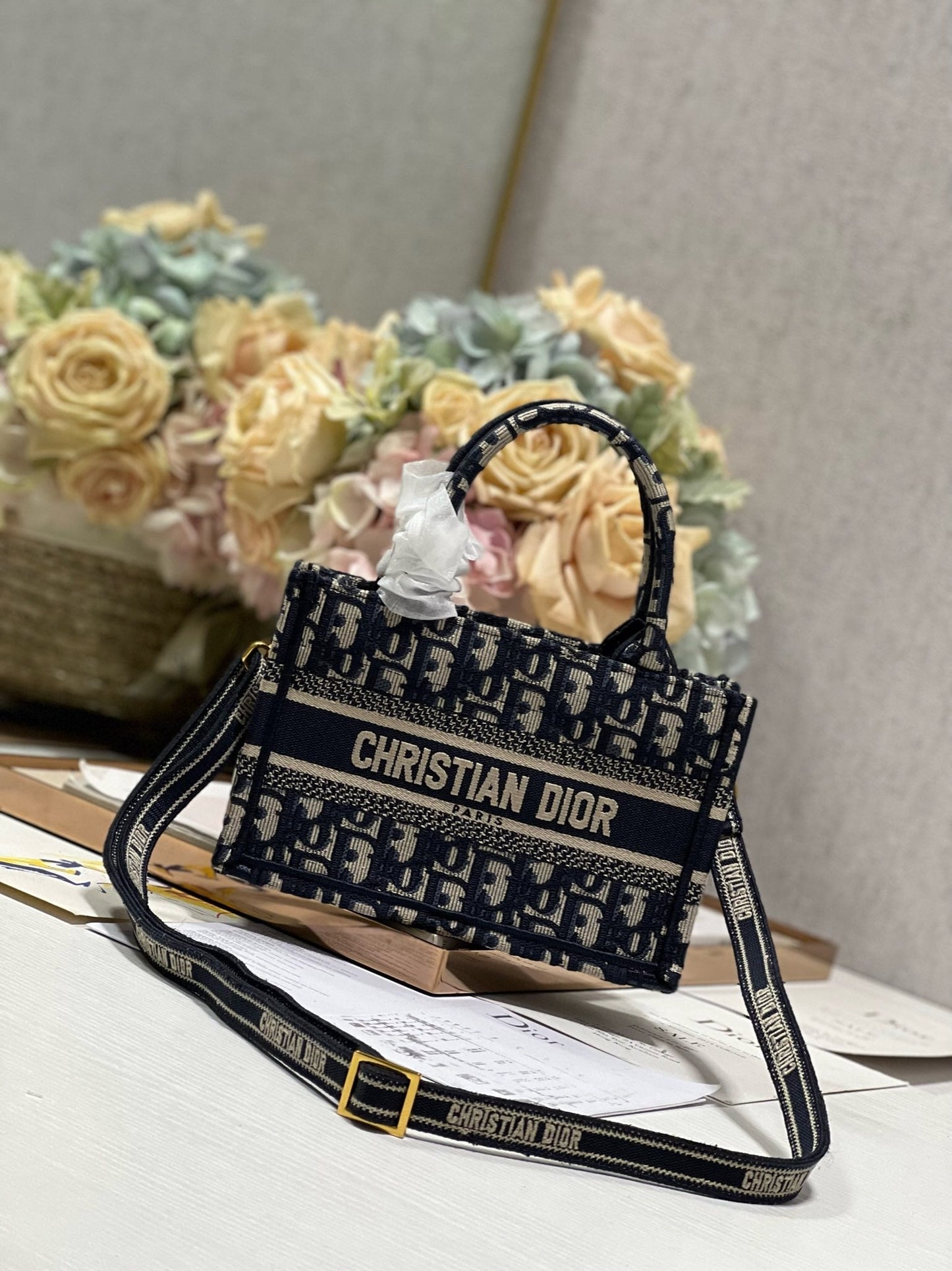 Luxury Diormini book tote 21.5 beige blue oblique embroidery calfskin