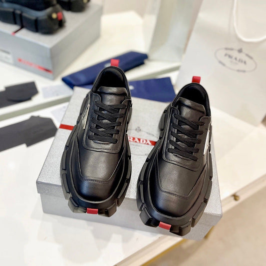 Luxury PradaBRUSHED THICK-SOLE SNEAKERS BLACK CALFSKIN