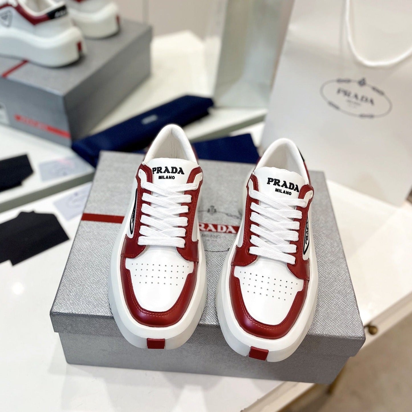 Luxury PradaDOWNTOWN THICK-SOLE SNEAKERS WHITE AND CHERRY CALFSKIN