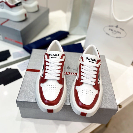 Luxury PradaDOWNTOWN THICK-SOLE SNEAKERS WHITE AND CHERRY CALFSKIN