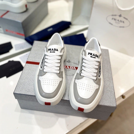 Luxury PradaDOWNTOWN THICK-SOLE SNEAKERS WHITE AND GRAY CALFSKIN