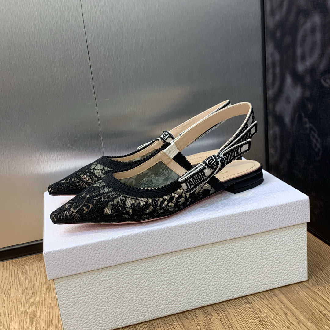 Luxury DiorJA Luxury Diorslingback flat transparent mesh embroidered black butterfly motif
