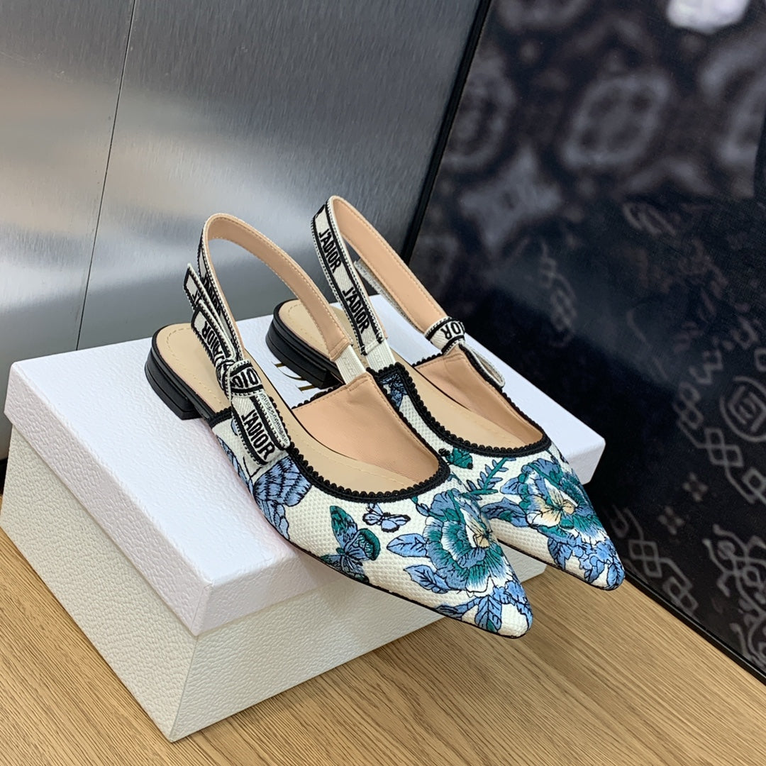 Luxury DiorJA Luxury DiorSlingback Flat Pastel Midnight Blue Multicolor Embroidered Cotton with Toile de Jouy Mexico Motif