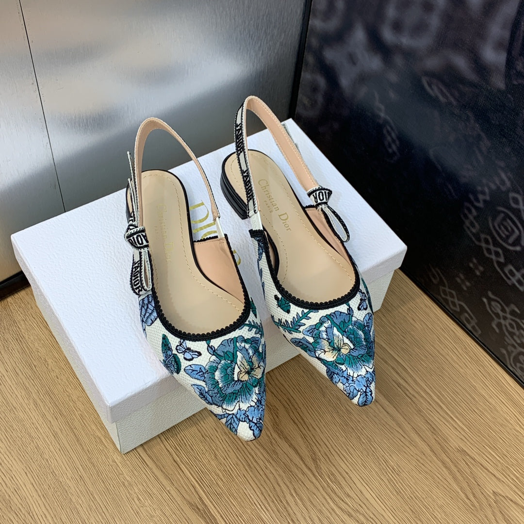 Luxury DiorJA Luxury DiorSlingback Flat Pastel Midnight Blue Multicolor Embroidered Cotton with Toile de Jouy Mexico Motif